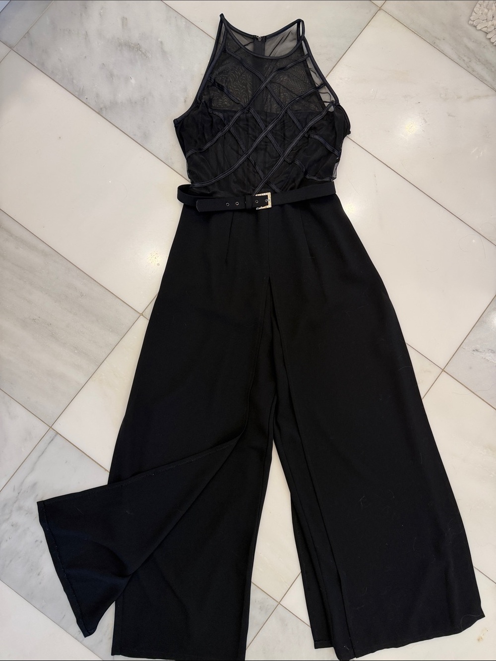 Joseph Ribkoff Black Sleeveless Mesh Bodice Belted Wide-Leg Jumpsuit
